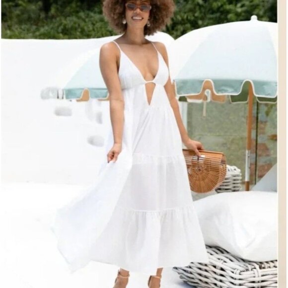 SNDYS Indigo Dress Womans‎ XL White Maxi Plunging Neckline Summer Flowy NEW - Picture 2 of 13